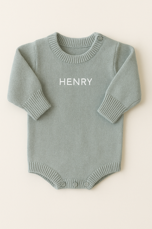 Personalized Organic Knit Baby Romper – With Custom Name Embroidery